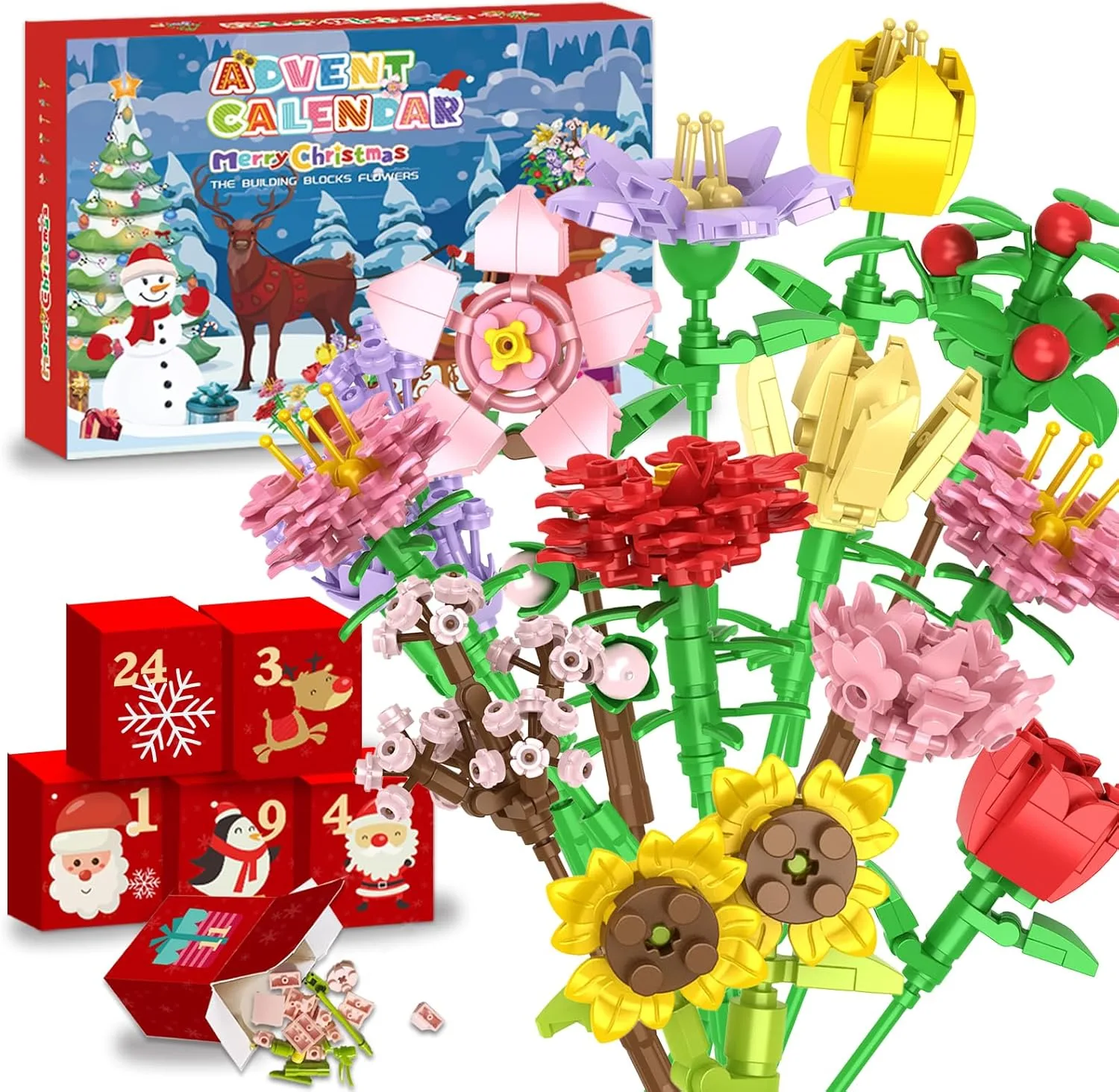 Adventskalender 2025 Blumen Bausteinen für Kinder,24 Tage Adventskalender,Weihnachtskalender mit 24 Pcs bunte Blumensträuße aus Bausteinen,Weihnachts Blumen Bauspielzeug Geschenk Jungen und Mädchen