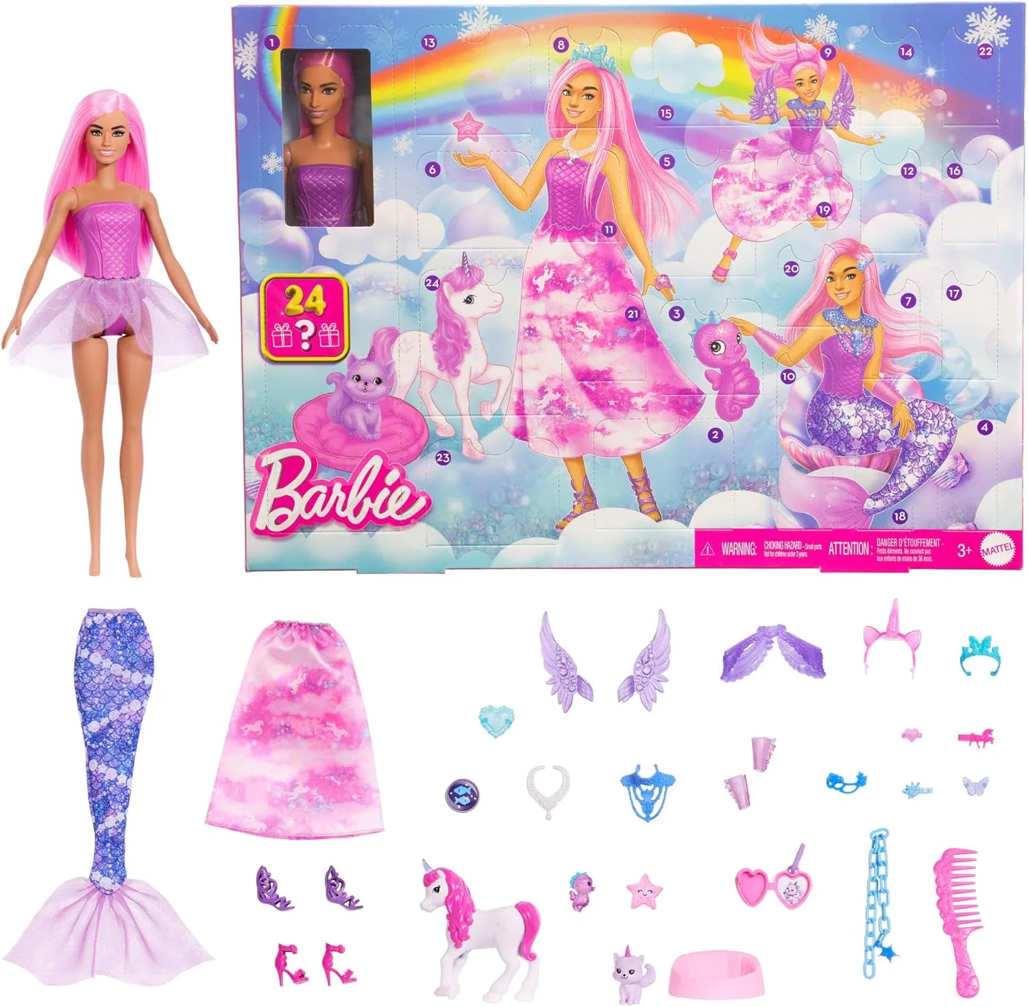 Barbie-Adventskalender mit Puppe und 24 Überraschungs-Accessoires mit Einhorn und Tieren, die Modepuppe kann in eine Meerjungfrau, Fee und mehr verwandelt Werden. ,JFL66
