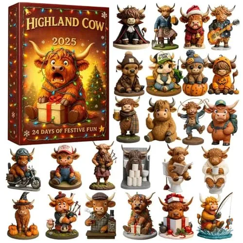Highland Cow Adventskalender 2025, 24 Tages Highland Cow Ornamente Weihnachten Countdown -Kalender, 3D Cartoon Kuh Weihnachtsbaum Dekorationsanhänger, Für Kinder Und Erwachsene