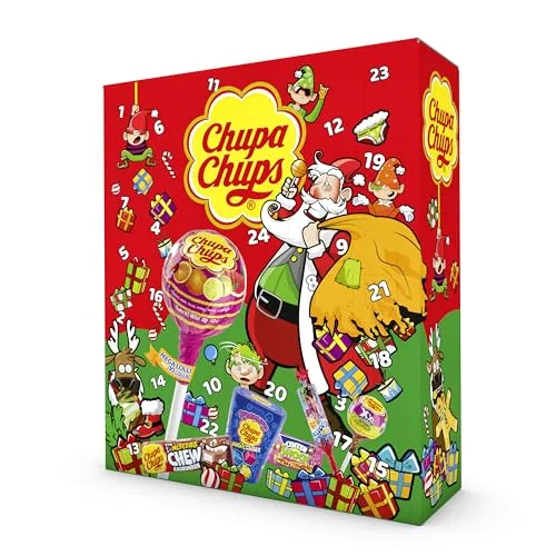 Chupa Chups XXL Adventskalender 2025, 24 Türchen mit einem Mix aus verschiedenen Lutscher- & Kaugummi-Sorten, Süßigkeiten Weihnachtskalender, 1x614g