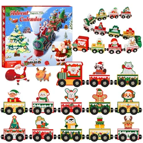 Adventskalender 2025 Holz Eisenbahn Kinder, 24 Tage Weihnachten Adventskalender Zug,Kinderspielzeug Magnetic Weihnachten Zug Holzspielzeug,Weihnachtsgeschenke für Jungen Mädchen und Kinder 3+ Jahren