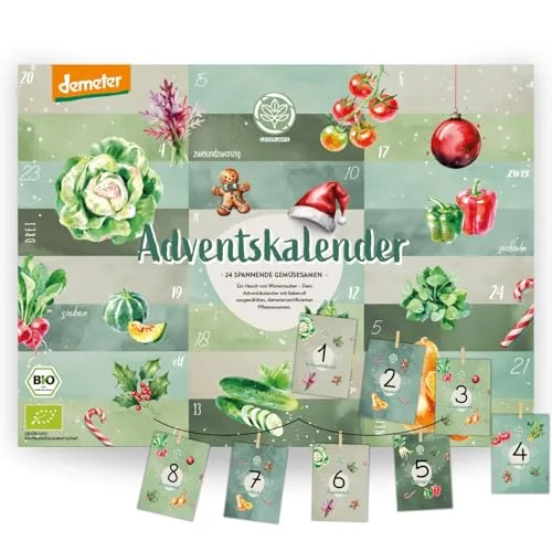 Bio Saatgut Adventskalender 2025 – mit 24 Sorten Demeter Gemüse Samen | DIY Kalender von Loveplants mit Klammern, Umschläge & Schnur | Geschenk für Gartenliebhaber, Gartenfreunde & Gärtner