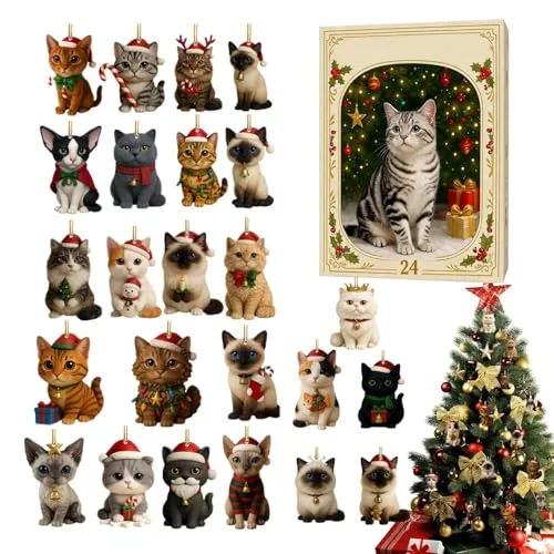 Katzenliebhaber Adventskalender 2025, 24 Tage Countdown bis zum Weihnachtsferien Katzenfiguren Kalender, 24 Stück 2D Acryl Katzenanhänger Verschiedener Rassen Dekoration für Besitzer und Liebhaber