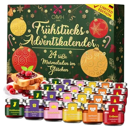 Frühstück Adventskalender 2025 Marmelade, 24x 28g Konfitüre Frühstückskalender, 24 köstliche Fruchtauftsriche aus deutscher Feinkostmanufaktur, ideal als Geschenkidee Geschenkset