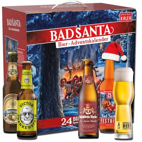 Kalea | Bieradventskalender | Edition Bad Santa | Bestückung 2025 | 24x0,33l Deutsche Bier-Spezialitäten | Inkl. Verkostungsglas | Geschenkidee zur Vorweihnachtszeit