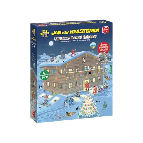 Jan van Haasteren Weihnachtspuzzle Adventskalender 2025 - Tägliches Puzzleset 24 Tage, 54-teilige Puzzles für Erwachsene - Recycled Cardboard Jigsaw - Countdown mit den lustigen und festlichen Szenen