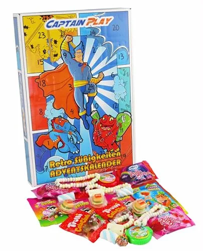 CAPTAIN PLAY Retro Süßigkeiten Adventskalender 2025, Weihnachtskalender mit Süßigkeiten, 348g Retro Adventskalender Süßigkeiten