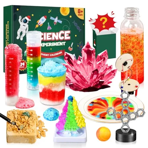 Adventskalender 2025 Experimente für Kinder,24 Stk Wissenschaft Weihnachtskalender Experimentierkasten mit Kristallen Züchten Edelsteine Ausgraben,Weihnachts Geschenk für ab 8 9 10 Jahre Jungs Mädchen