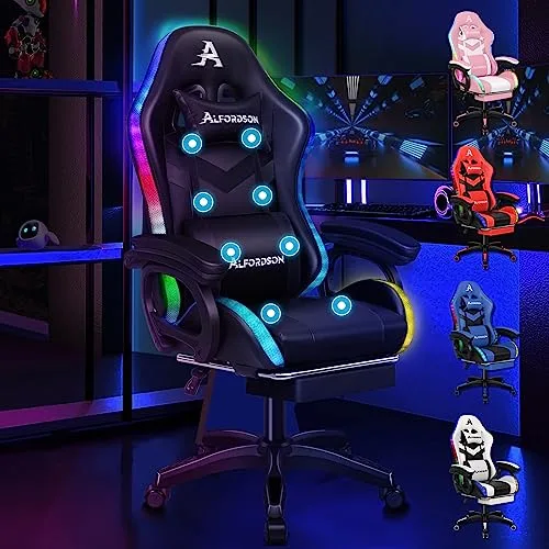 ALFORDSON Gaming Stuhl mit 8-Punkt Massage 12 Farben RGB LED-Licht, Bürostuhl Ergonomisch mit fußstützen, Kopfstütze Lendenkissen für Kinder Erwachsene, Schwarz