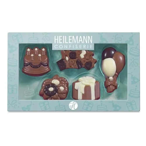 Heilemann Geschenkpackung "Geburtstag" – 5 Schokofiguren aus Edelvollmilchschokolade – mit Torte, Geschenk, Luftballon, Blumen & Happy Birthday – 100 g Geburtstags-Schokolade in Geschenkbox