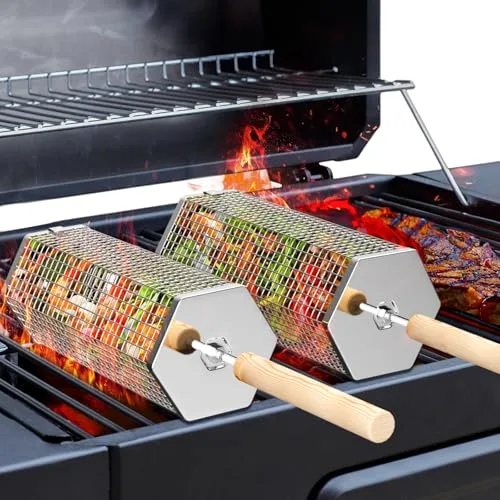 ivtivfu Nestbar Rollender Grillkorb, Abnehmbarer Holzgriff, Edelstahl 304, Outdoor Küche Grill Zubehör für Gemüse, Garten Camping Gadgets für Gasgrill, Geschenke Geburtstagsgeschenk für Männer Papa