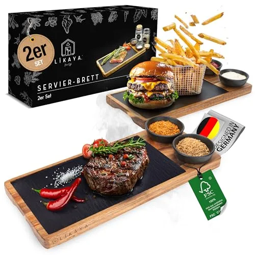 LIKAYA Steak- & Servierbrett 2er-Set aus FSC Akazienholz mit Schieferplatte & Dipschalen – Grillbrett für Steak, Burger, Sushi BBQ-Fans