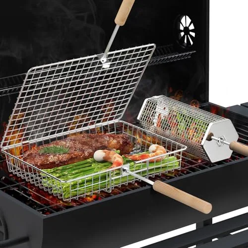 ivtivfu Nestendes Rollendes Grillkorb Set (Rechteck+Sechseckig), Abnehmbarer Holzgriff, Edelstahl 304, Grill Zubehör für Gemüse Garnelen, Outdoor Camping Gasgrill, Geschenke für Männer Ehemann Papa