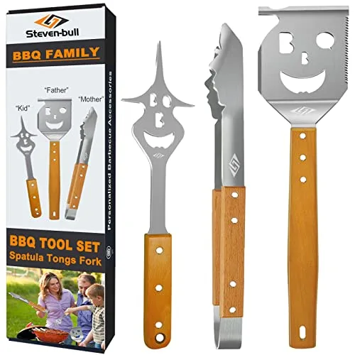 Steven-BULL S Grillbesteck-Set 3-TLG. Extra Langes Grillwerkzeug, Edelstahl Holzgriff, Grillzubehör mit Grillzange, Grillwender, Fleischgabel Extra-Langen Holzgriffen und Aufhänge-Ösen