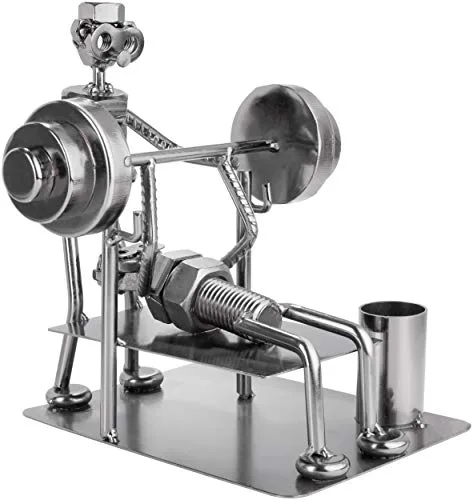 BRUBAKER Schraubenmännchen Bodybuilder Bankdrücken - Handarbeit Eisenfigur Metallmännchen - Metallfigur mit Stiftehalter - Geschenk für Kraftsportler, Fitnessstudios, Sportler und Bodybuilder