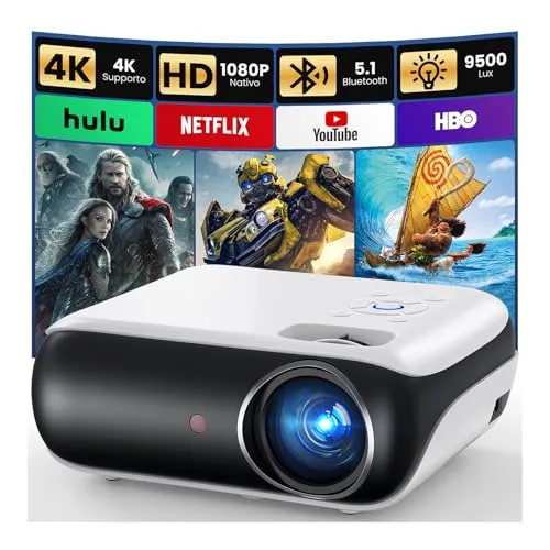 Mini Beamer 4K, HAPPRUN H1 Full HD Beamer mit Bluetooth – Native 1080P Tragbarer Outdoor Projektor mit Lautsprecher, Kompatibel mit Smartphone, HDMI, USB, AV, TV-Stick, PS5 für Heimkino, Schlafzimmer