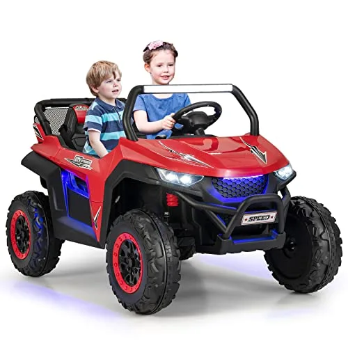 COSTWAY 2 Sitzer Kinderauto mit 2,4G Fernbedienung,12V Kinder UTV mit Musik und Scheinwerfer, Elektro Auto 2-4 km/h, für Kinder ab 3 Jahren (Rot)