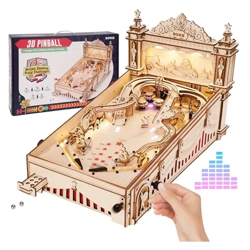 ROKR Holz Pinball Flipper Modellbausatz 3D Holzpuzzle Erwachsene Flipperautomat Tischspiel Geschenkidee für Männer Frauen