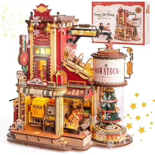 ROBOTIME 3D Holzpuzzle Geschenkfabrik Bausatz – Mechanisches Modell mit Musik & LED Licht, Retro Vintage Bastelset für Erwachsene & Jugendliche, EAB01