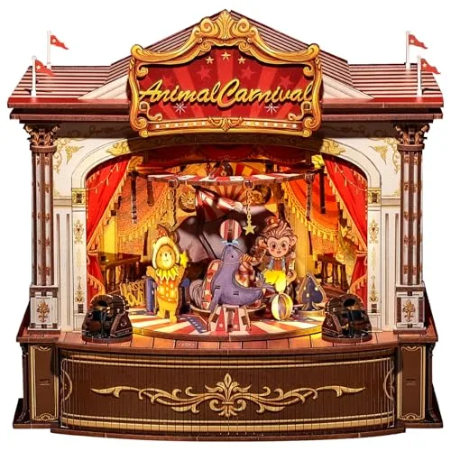 CUTEBEE 3D Holzpuzzle für Erwachsene - Rotierende Spieluhr Miniatur Haus Tier-Karneval 3D Puzzle Modellbausätze, DIY Bastelset, Bücherregal Deko, Kreativgeschenk