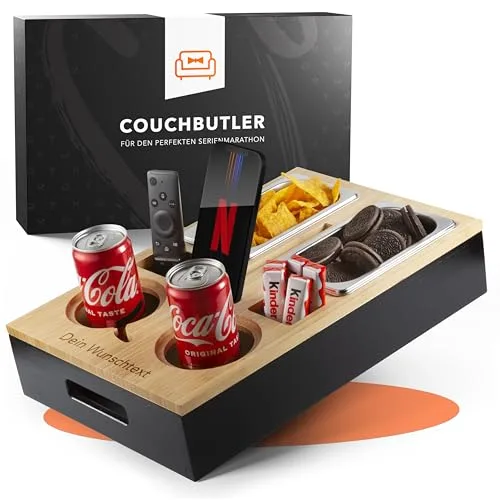 NewHabitat | Couchbar - Personalisierbare Snackbox aus Bambus mit Gravur | Sofa Tablett mit 2 Snackschalen, 2 Getränkehalter mit Untersetzer, magnetischer Deckel, Handyhalterung, inkl. Geschenkbox