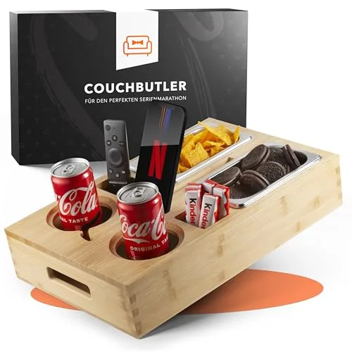 NewHabitat Couchbar Snackbox aus Bambus Personalisierbar inkl. Geschenkbox | Sofa Tablett mit 2 Snackschalen, 2 Getränkehalter mit Untersetzer, magnetischer Deckel, Handyhalterung