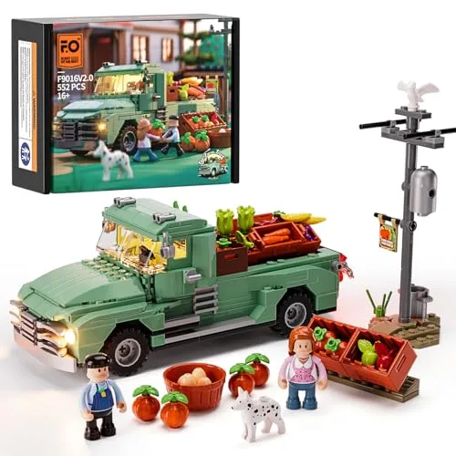 FUNWHOLE Bauernhof Lastwagen Beleuchtungs Bausteine Set - Retro Bauernhof Lastwagen LED Licht BAU Modell Set 552 Stück für Erwachsene und Teenager