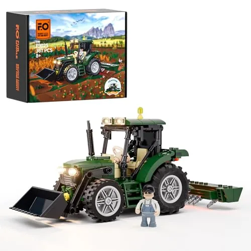 FUNWHOLE Bauernhof Traktor Beleuchtung Bauklötze Set - Retro Traktor Modell mit Minifigur LED Licht Baukasten 367 Stück für Erwachsene und Jugendliche