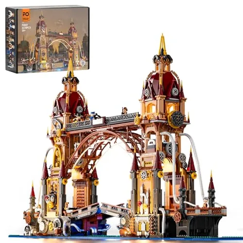 FUNWHOLE Steampunk Stadtbrücke Beleuchtungs-Bausteinset – 3170 Teile Turm- und Bewegliche Brücke Architektur-Modellbausatz Konstruktionsset für Erwachsene