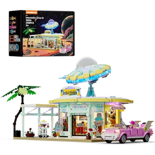 Lumibricks Interstellar Drive-In – 2188 pcs Retro-futuristisches UFO-Restaurant mit LED, klassisches American-Diner-Modell, modulare Struktur, Sammlerset für Erwachsene, Geschenk & Deko