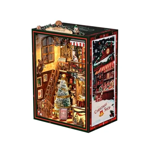 BATTREVO DIY Christmas Shop, Mit Musikbox-Bauspielzeugset mit LED Licht,Book Nook Kit für Erwachsene,Holzpuzzle DIY Miniatur Haus 3D Puppenhaus,Bookshelf Decor, Bücherecke