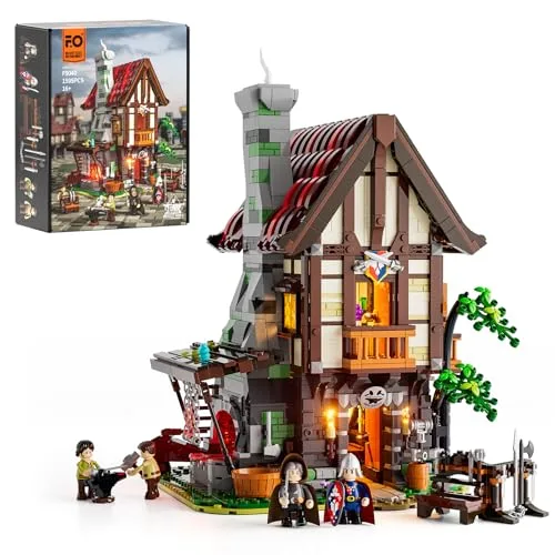 Lumibricks Mittelalterliche Schmiede Bauset mit LED-Beleuchtung – 1595 Klemmbausteine Modellbau-Set für Erwachsene, realistische Fachwerk-Schmiede mit LED-Beleuchtung, erweiterbares Mittelalter-Modul