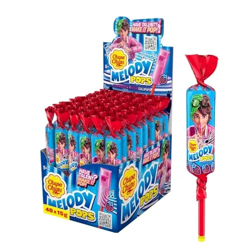 Chupa Chups Melody Pops Erdbeere, Thekendisplay mit 48 fruchtigen Erbeer-Lollis in Flötenform zum Musik spielen, für Partys und Weihnachten, 48 x 15g