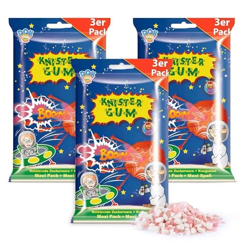 DOK Knister Gum 3er Pack (90g) – Retro Kaugummi mit Knallbrause – Kultige Süßigkeit mit tutti frutti Geschmack – Brause-Kaugummi im Mini-Format für Kinder & Nostalgie-Fans – 3 x 3 Tütchen à 10g