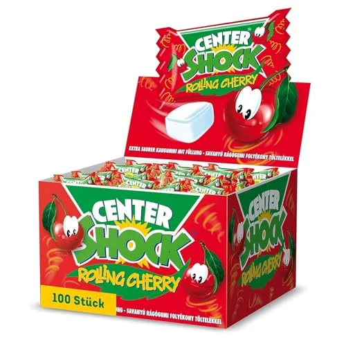 Center Shock Rolling Cherry, Box mit 100 Kaugummis, extra-sauer mit Kirsch-Geschmack, geeignet für Geburtstag, Pinata, Candy-Bar, Weihnachten und Halloween, 400g