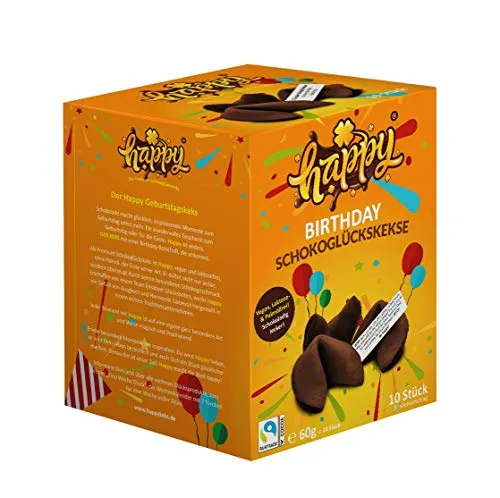 Happy Birthday Schokoglückskekse | vegane Glückskekse zum Geburtstag mit Sprüchen | Schokolade Geschenkidee | 10er Box (10 x 6 g) | Fairtrade | laktosefrei | palmölfrei | Made in Germany