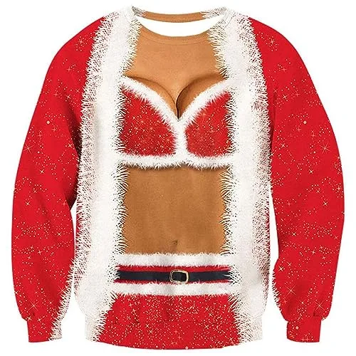 BOVOSHA Weihnachtspullover Damen Lustige 3D Muskel Langarm Weihnachten Sweatshirts Herren Xmas hässliches Pullover (Damen, L)