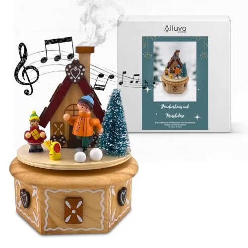 Räucherhaus mit Musikdose aus Holz – 3in1 Weihnachtsdeko für Räucherkerzen (S, M, L), Winterszene, spielt „Oh Tannenbaum“, dekoratives Räucherkegelhaus, Geschenkidee für Advent & Winter