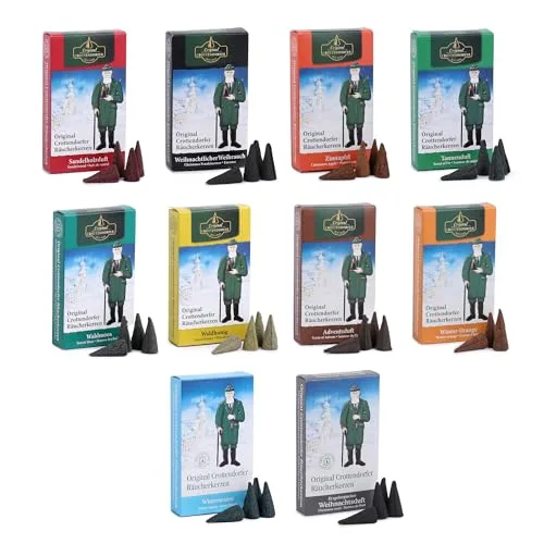 Crottendorfer Räucherkerzen 10er Pack (10 x 24 Stück) – Weihrauch, Tannenduft, Sandelholz, Zimtapfel & mehr – Höhe 2,7cm, Ø 1,2cm – Angenehmer Duft mit Circa 15 Min. Brenndauer pro Räucherkegel