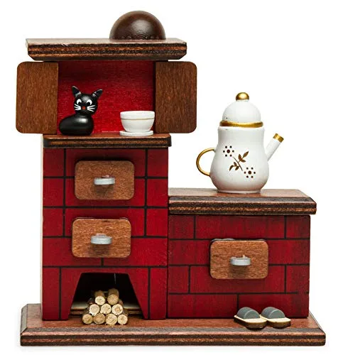 Sikora Räucherofen Räuchermännchen aus Holz mit Katze Räucherfigur Deko Weihnachtsfigur - RM-E, Farbe/Modell:E03 braun/rot - Kachelofen Maxi mit Kaffeekanne, Höhe in cm:Höhe ca. 15.5 cm