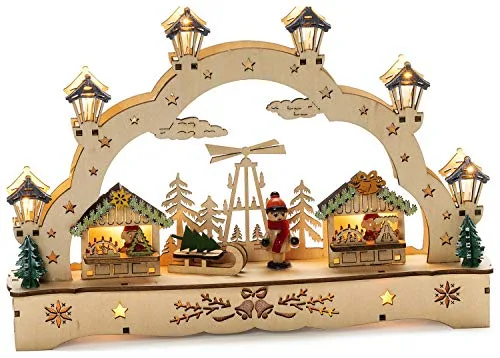 Konstsmide Holzsilhouette 2 Häuser und Junge, holzfarben, Naturfarben, batteriebetrieben, Innen, 11 warm weiße Dioden - 3240-100