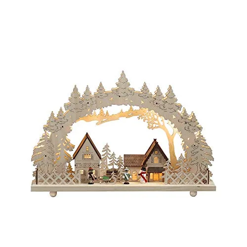 Konstsmide LED Holzleuchter Dorf, naturfarbenes Holz, wählbare Energieversorgung, 10 warm weiße Dioden, 4.5V Innentrafo/batteriebetrieben, Innen, transparentes Kabel, 3 x AA 1.5V (exkl.) - 2827-100