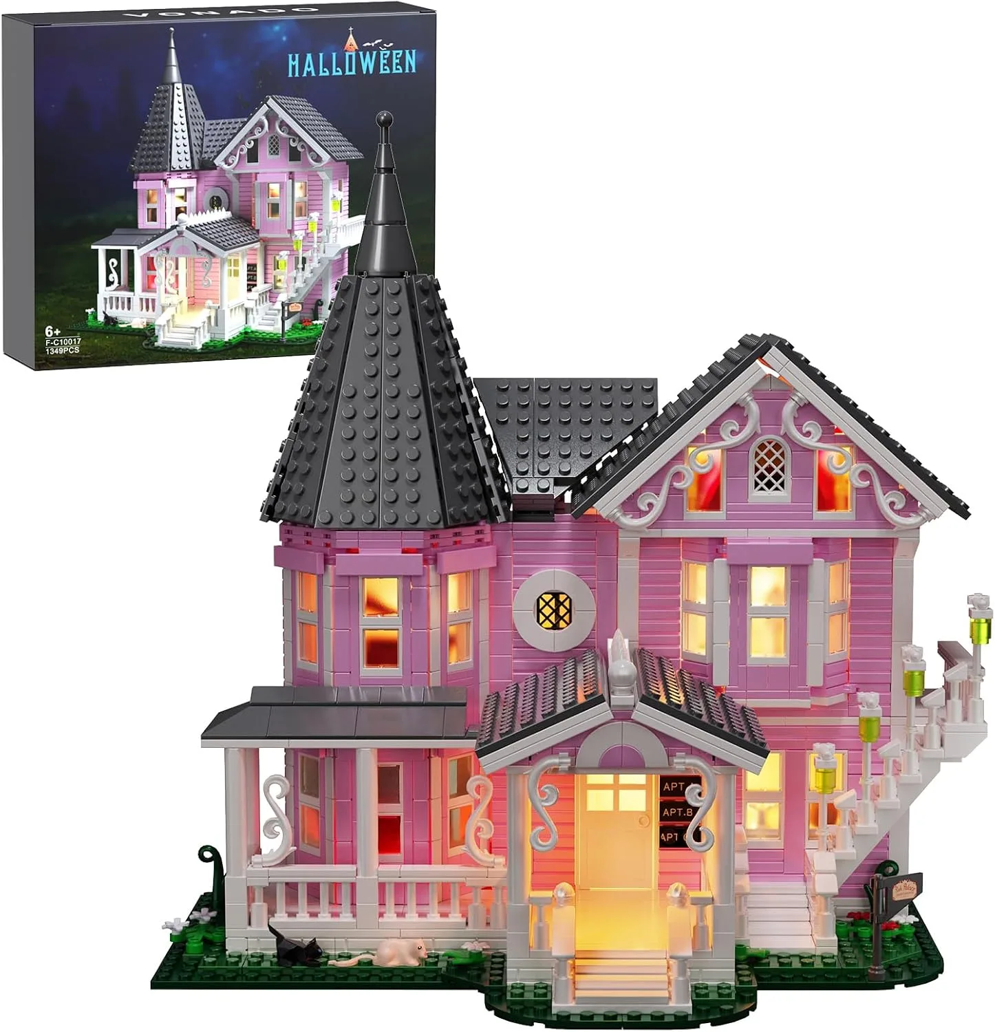 Millionspring Pink House Bauset mit LED-Beleuchtung, Rosa Palast Gebäudemodell für Heimdekoration, Kreatives Geschenk für Halloween, Freunde, Kinder und Erwachsene