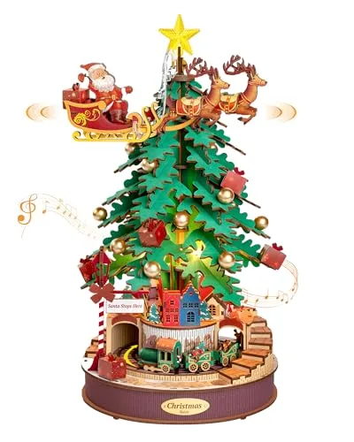 Rolife 3D Hölzerne Spieluhr Weihnachten Melodie Baum 3D Puzzle mit Spinnerei Zug Hölzerne Modell Kits für Erwachsene zu Bauen mit Musik Kreative Geschenke für Weihnachten