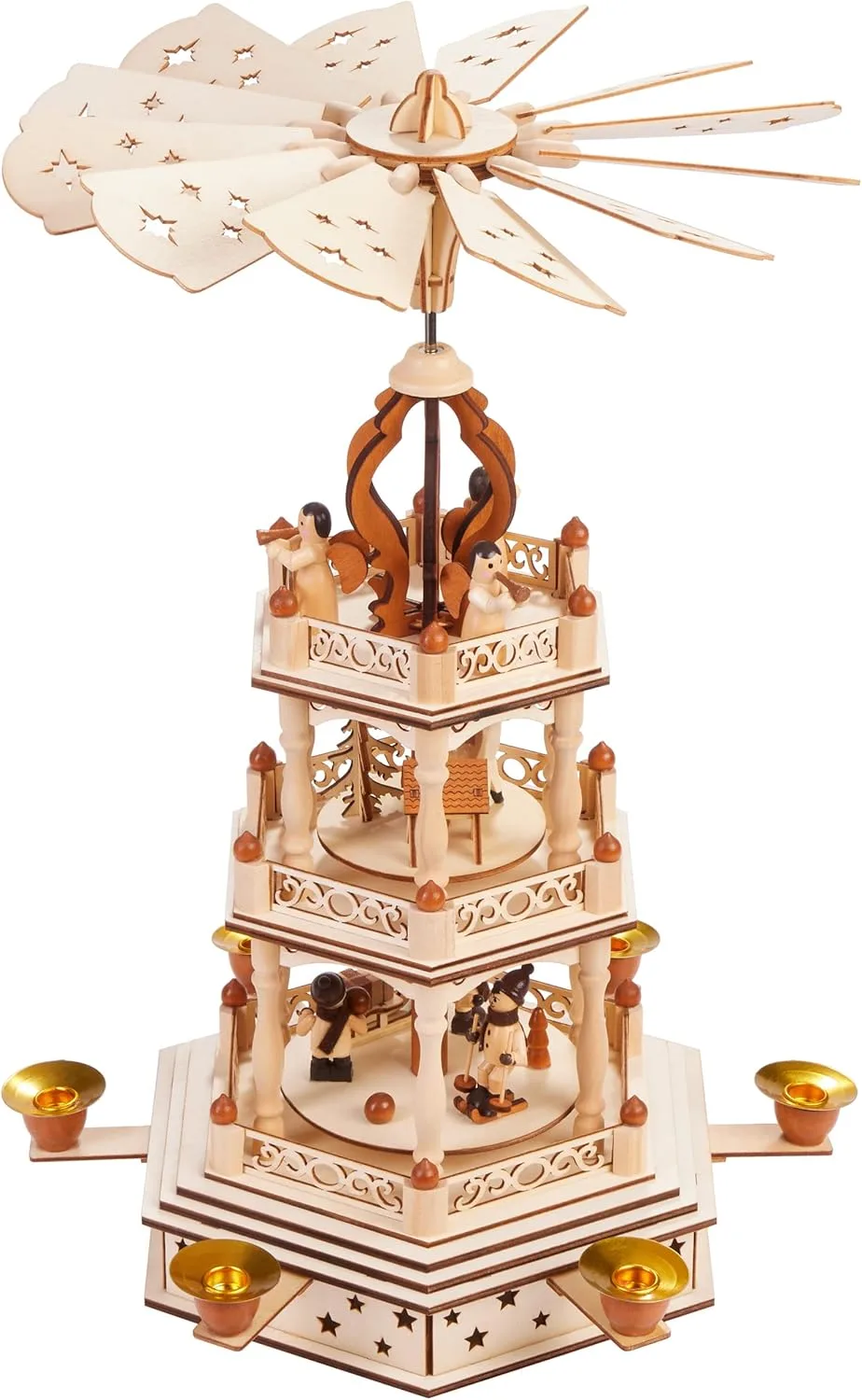 BRUBAKER Weihnachtspyramide - 3-stöckige drehbare Holzpyramide - Weihnachtsdekoration mit 3 Etagen - 44 cm Höhe - handbemalte Figuren Weihnachten - Natur Braun