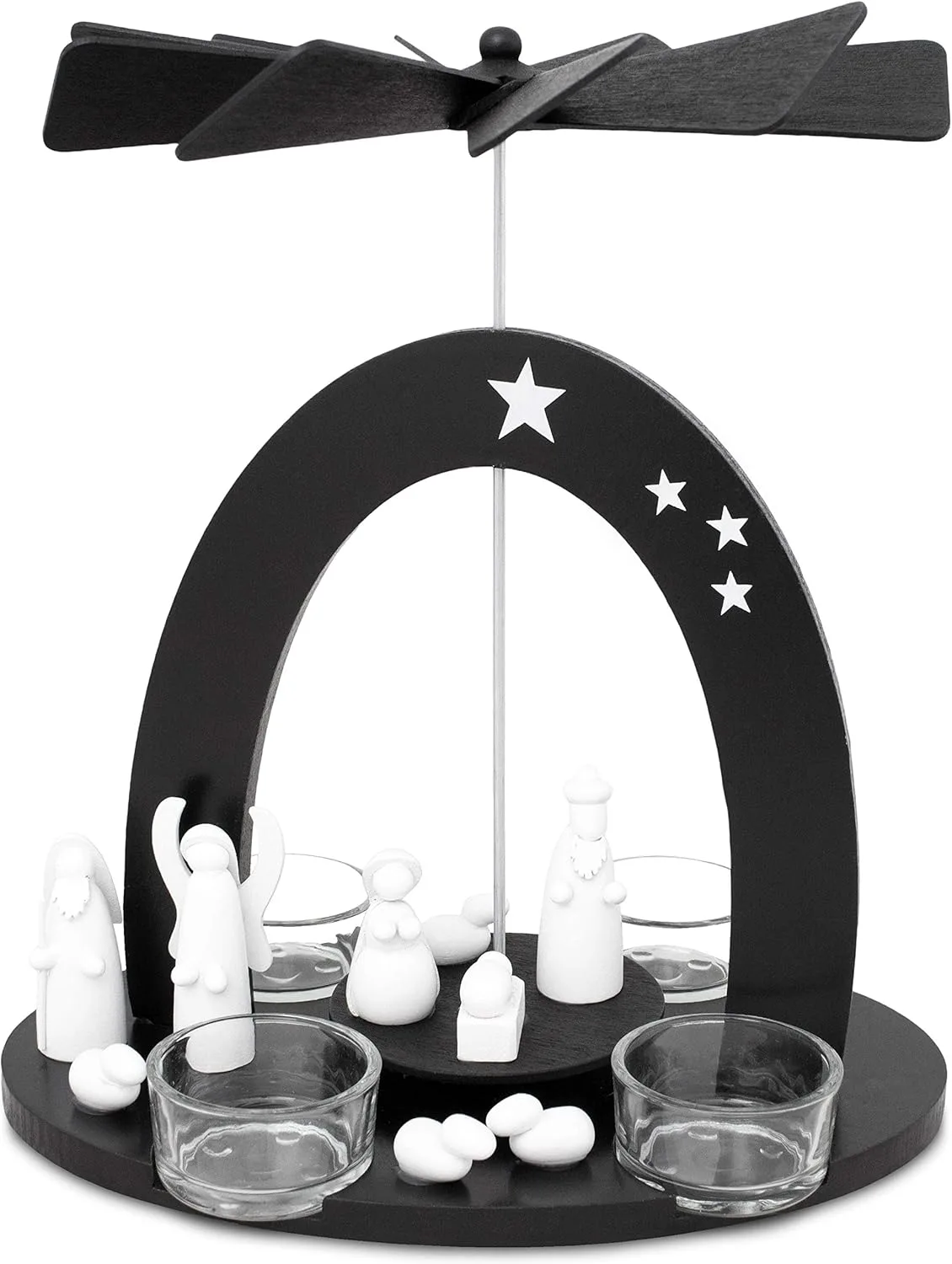 BRUBAKER Weihnachtspyramide 22 cm - Maria, Josef und Jesus - Teelichtpyramide mit 4 Teelichthaltern aus Glas - Schwarz Weiß