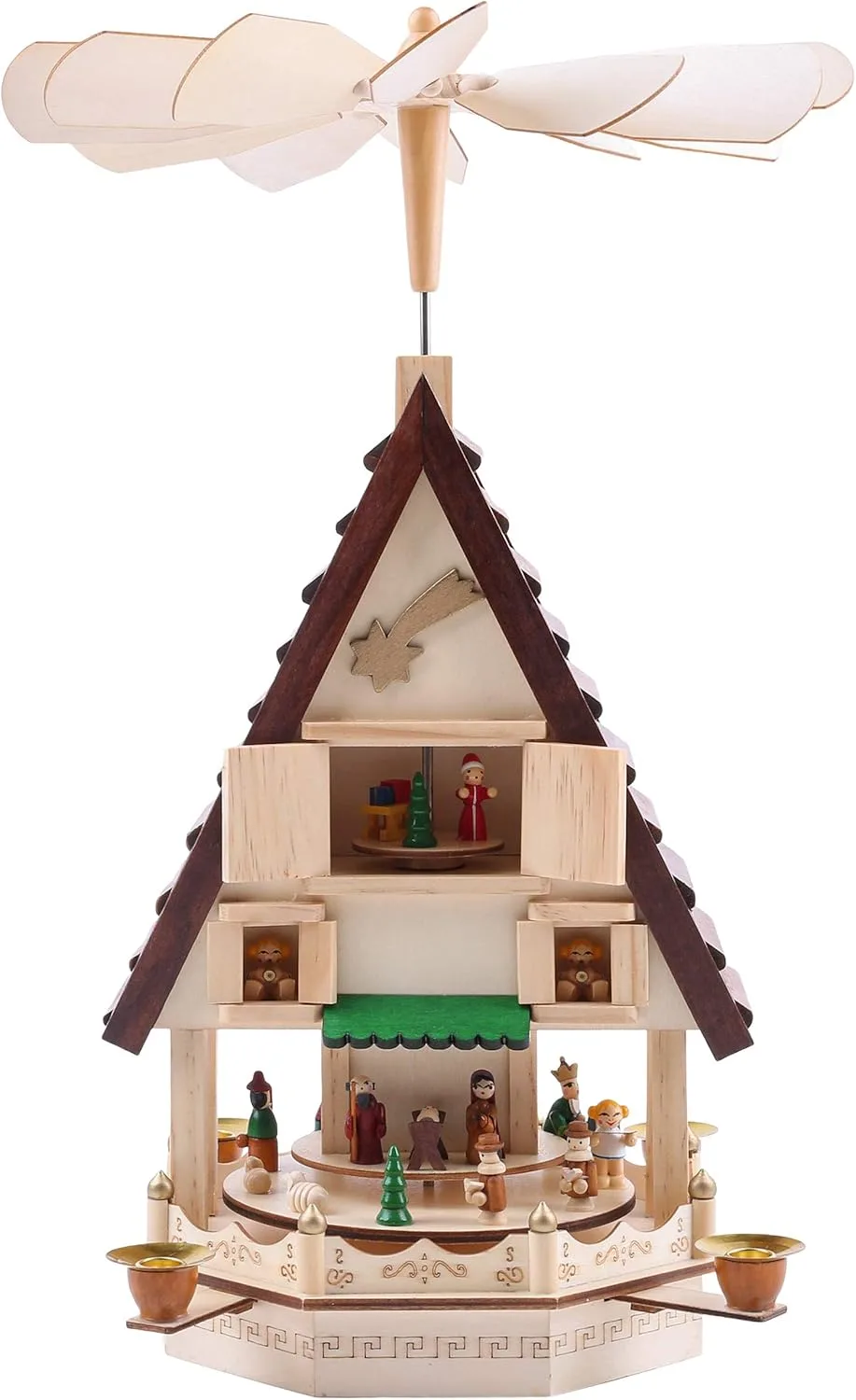 BRUBAKER Weihnachtspyramide Adventshaus 49 cm - Weihnachtskrippe auf 4 Etagen - Kerzenpyramide mit 4 Kerzenhaltern aus Metall - Holz Natur - handbemalte Figuren