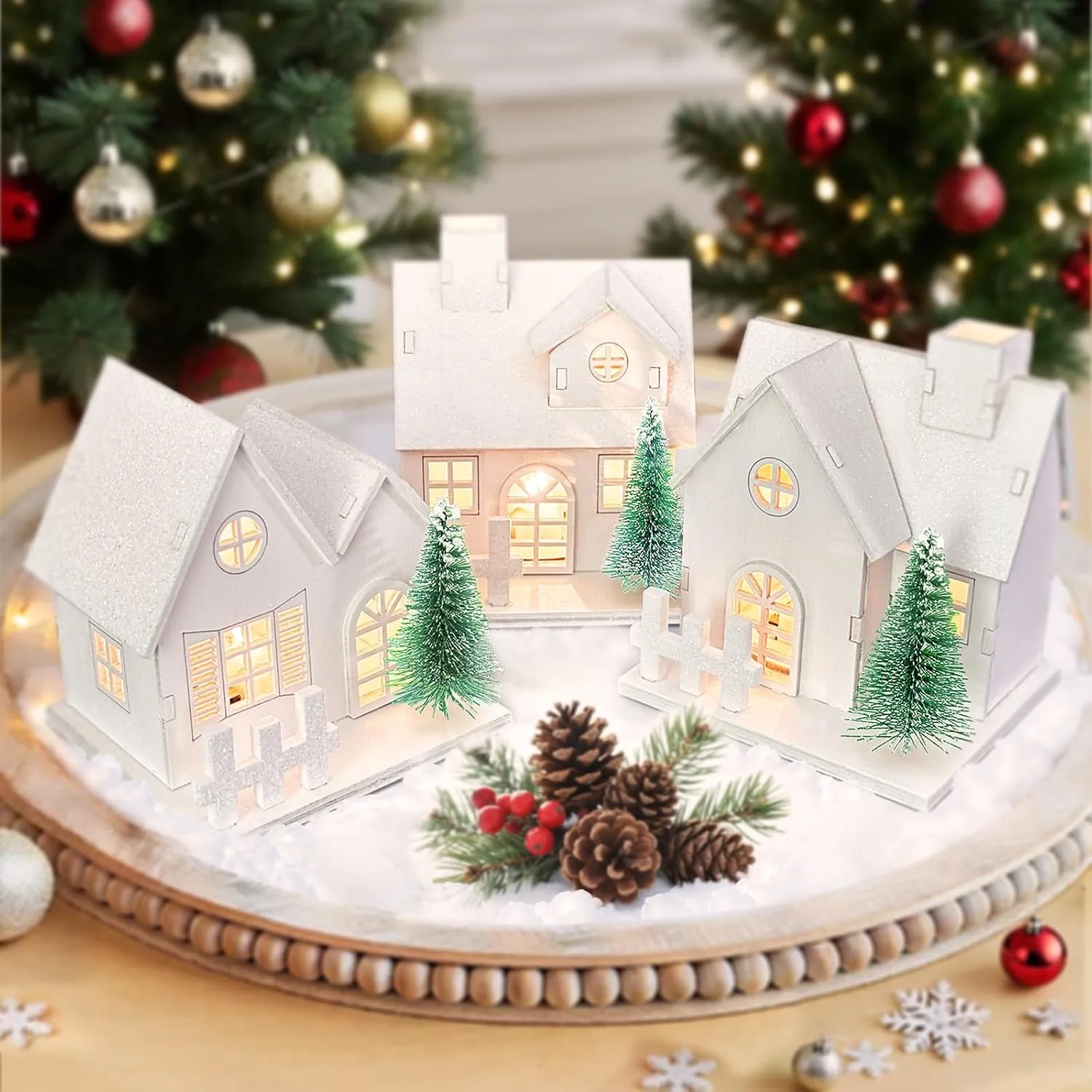 3 Stück Weihnachtshäuser Weihnachtsdorf mit Beleuchtung, Weihnachtshaus Beleuchtet, Weihnachtsdeko Holz Innen, Wichtelhaus, Weihnachtsstadt, Christmas Village Set, LED Weihnachtsdorf Deko Häuser Weiß