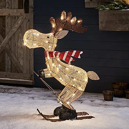 Lights4fun 50er LED Elch skifahrender Elch Weihnachtselch Weihnachtsbeleuchtung Außen Weihnachtsfigur mit Timer Figur innen und außen Weihnachtsdeko Outdoor