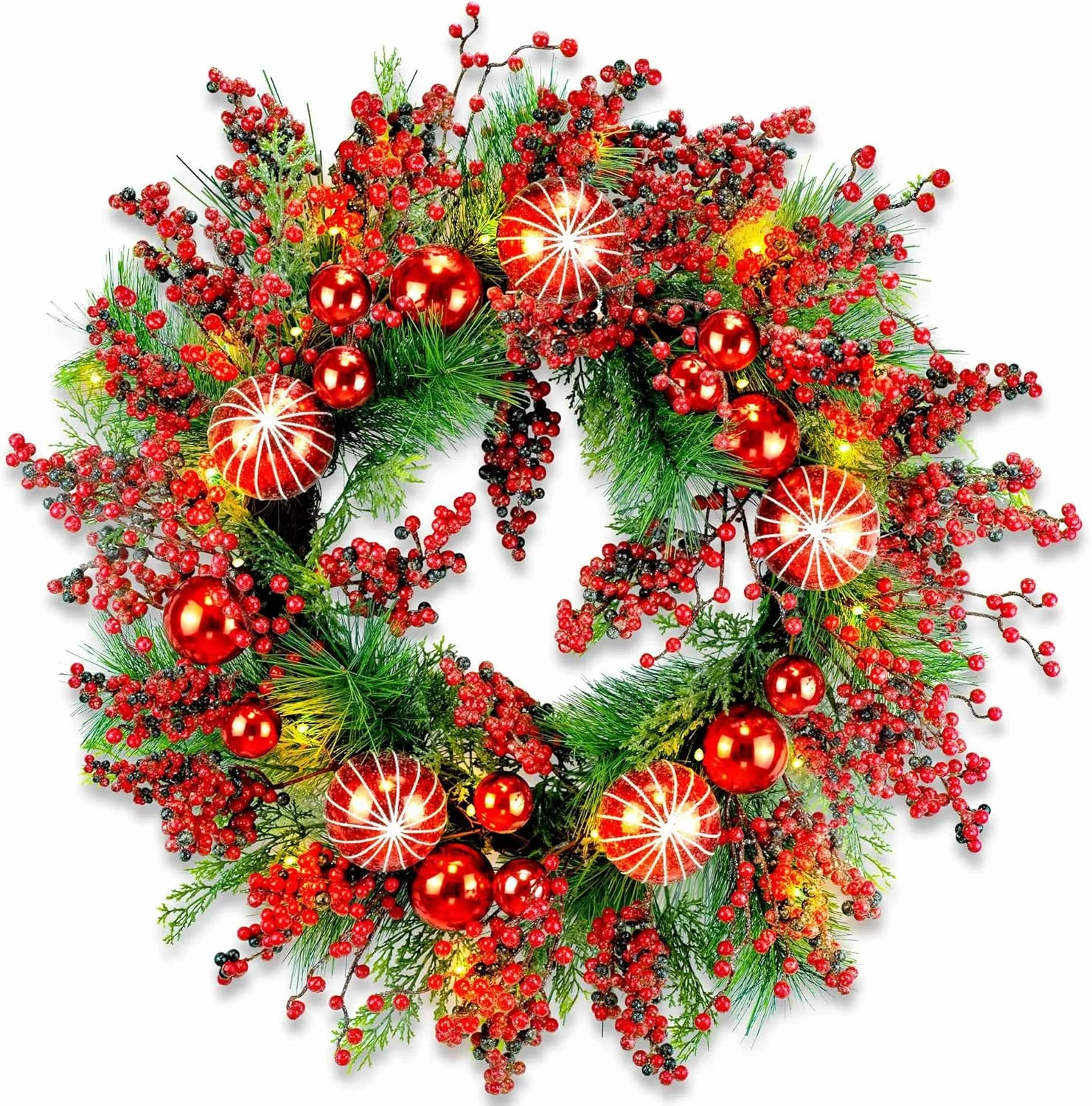 YULETIME Weihnachtskranz mit roten Beeren, 61 cm, künstlicher Weihnachtskranz mit roten und lila gefrosteten Beeren, roten Kugeln, grünen Leyland-Zypressenzweigen (Rote Beeren) (Keine Lichter)